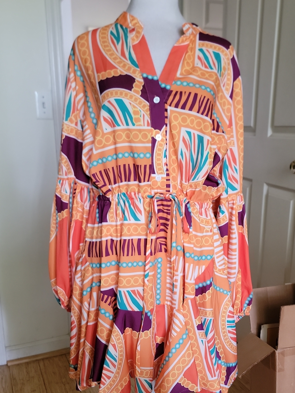 Lavender j Women's Vibrant Geo Print Button-Front Dress - Orange & Teal